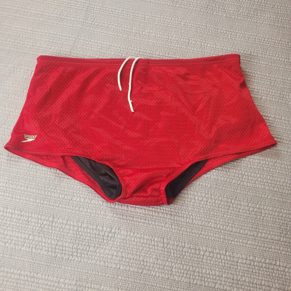 Speedo Swim Trunks Mens 34 Red Mesh Square Leg Training Suit 705836 Vintage